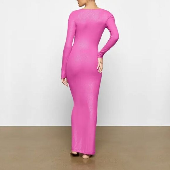 SKIMS Soft Lounge Long Sleeve Ribbed Bodycon Metallic Fuchsia Party Dress Large - Picture 2 of 11